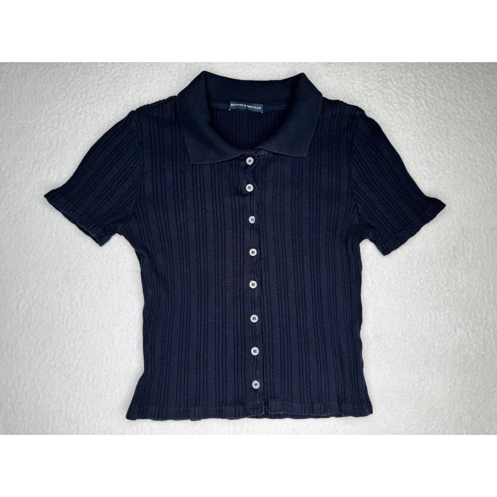 Brandy Melville Polo Shirt OS Navy Blue Ribbed Knit Button Front Crop Top Tee